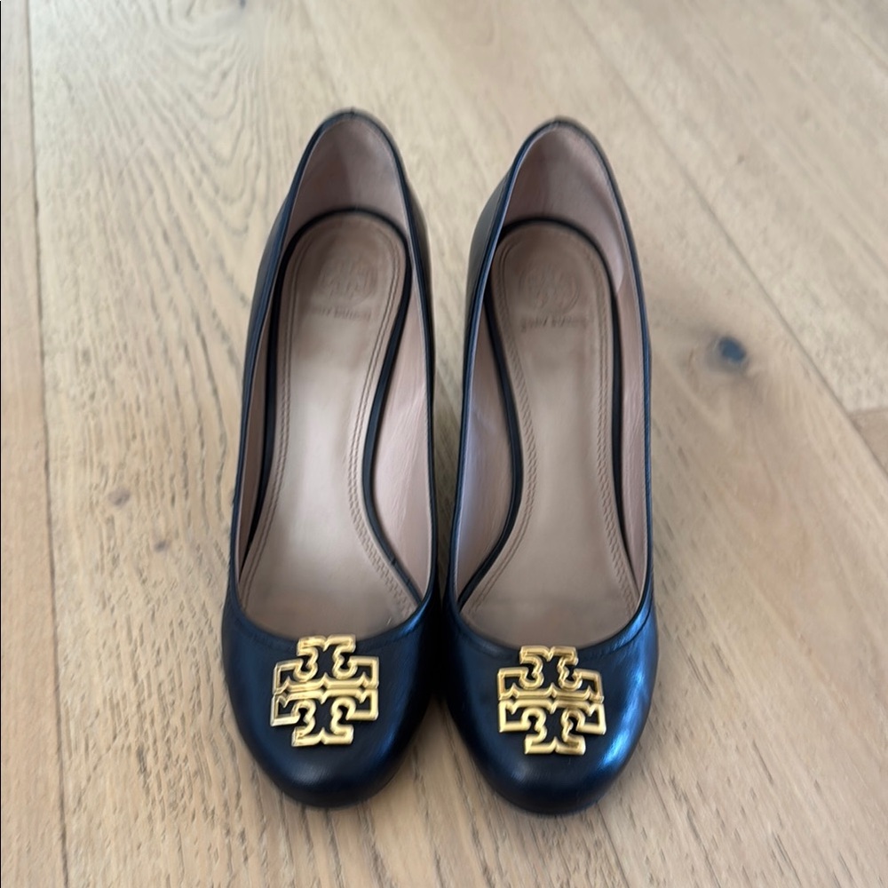 Tory Burch Black and Gold Wedge Shoes